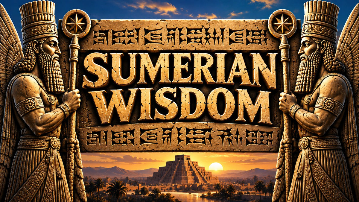 Sumerian Wisdom collection artwork with bold title, ancient Mesopotamian-inspired guardians, cuneiform motifs, and a ziggurat